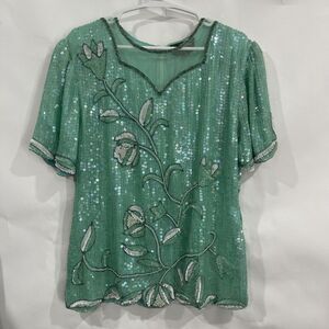 Vtg Royal Feelings Sz M Blouse Sequin Beaded Floral Top Sea Foam Green Cruise
